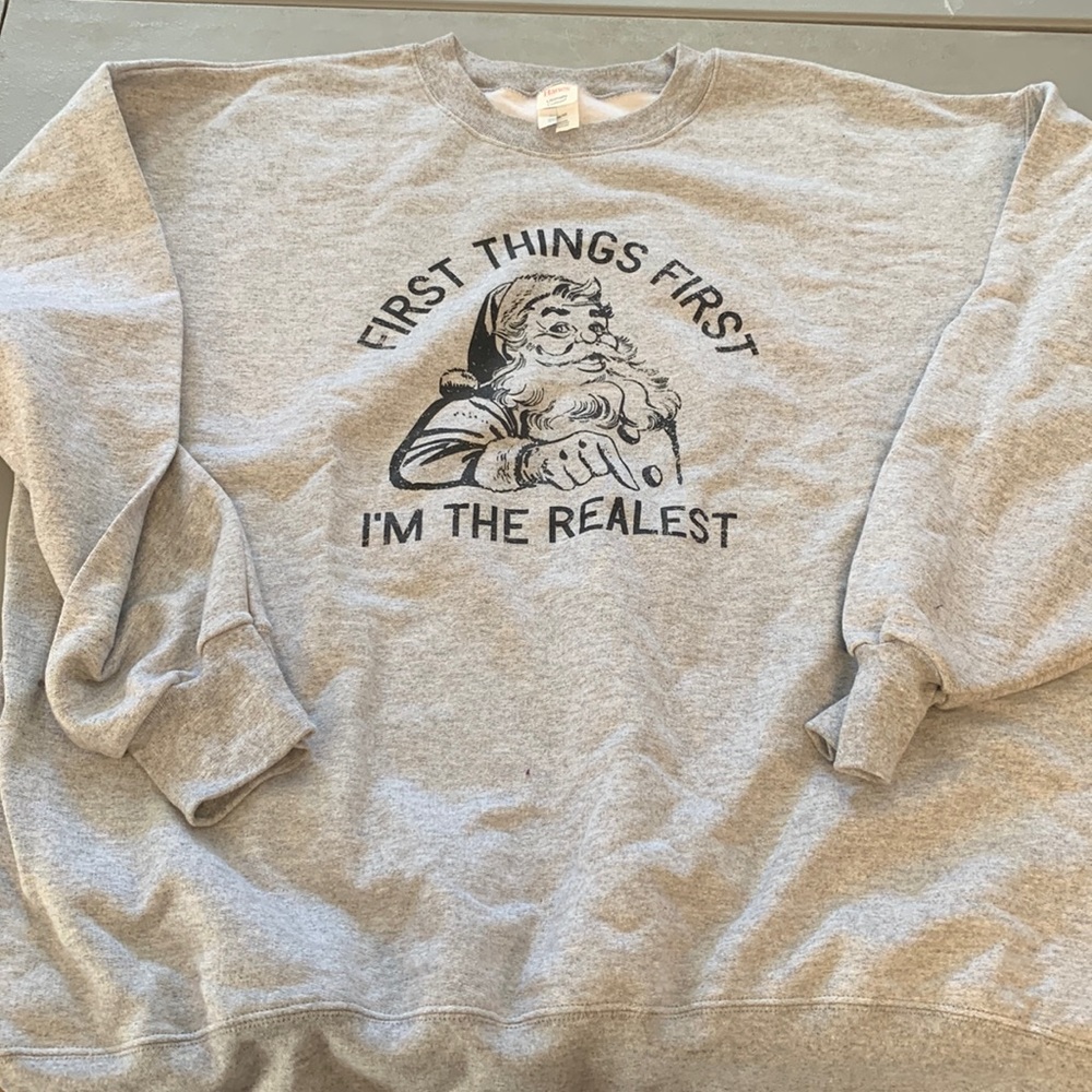 First things first grey sweater